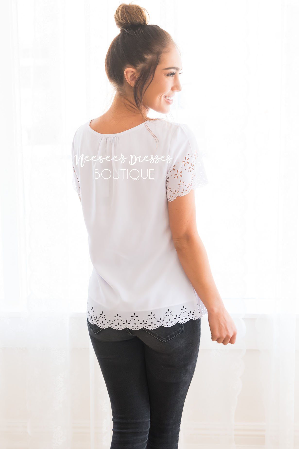 Living In The Moment Modest Eyelet Blouse