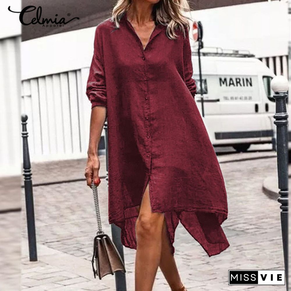 Celmia Women Cotton Long Sleeve Shirt Dress Fashion Irregular Split Hem Party Long Dress Vestidos Plus Size