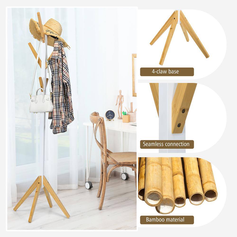 Costway White Bamboo Coat Rack Stand Freestanding Hall Tree Hanger Organizer with 6-Hooks HU10121WH