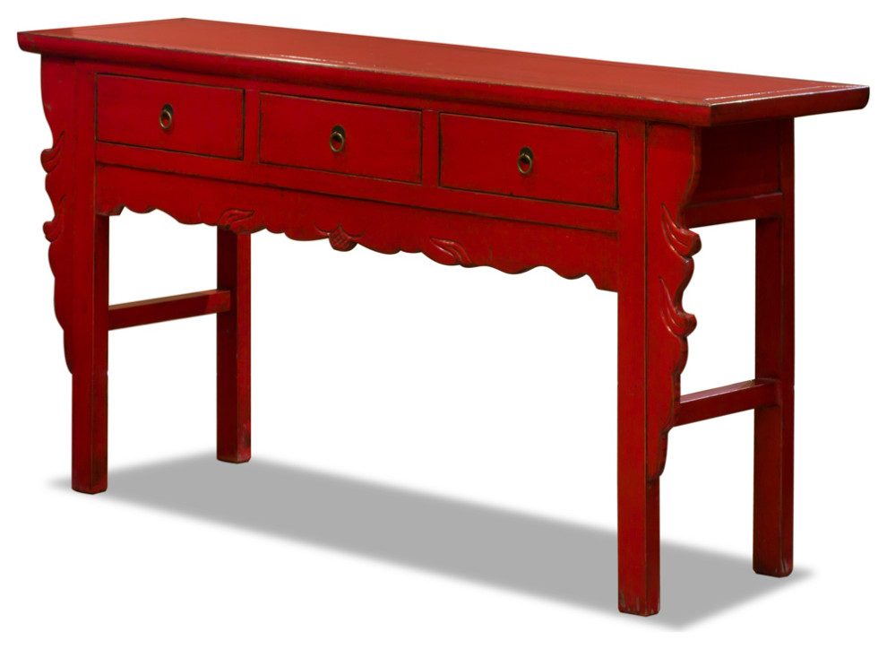 Vintage Distressed Red Elmwood Oriental Console Table with Drawers   Asian   Console Tables   by China Furniture and Arts  Houzz