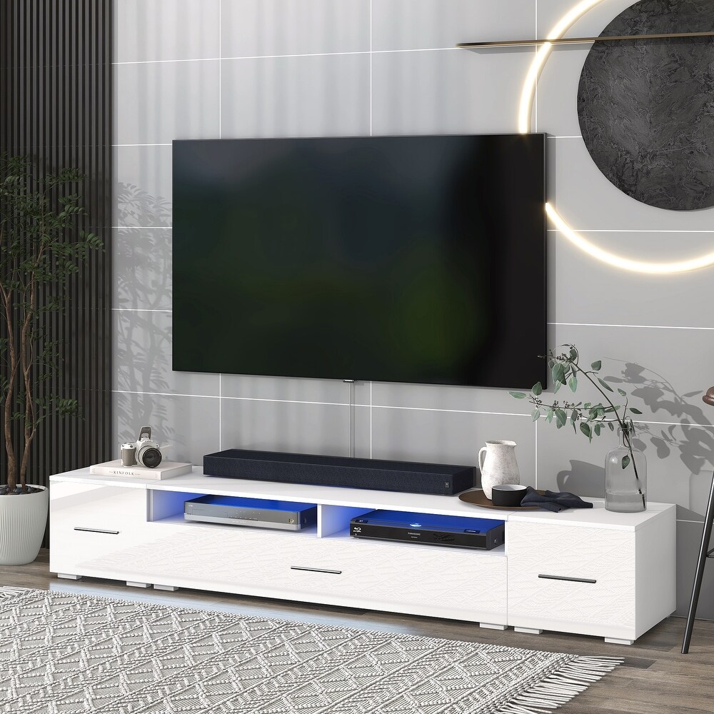 Minimalist Design TV Stand with Color Changing Led Lights Universal Entertainment Center High Gloss TV Cabinet for 90 Inch TV