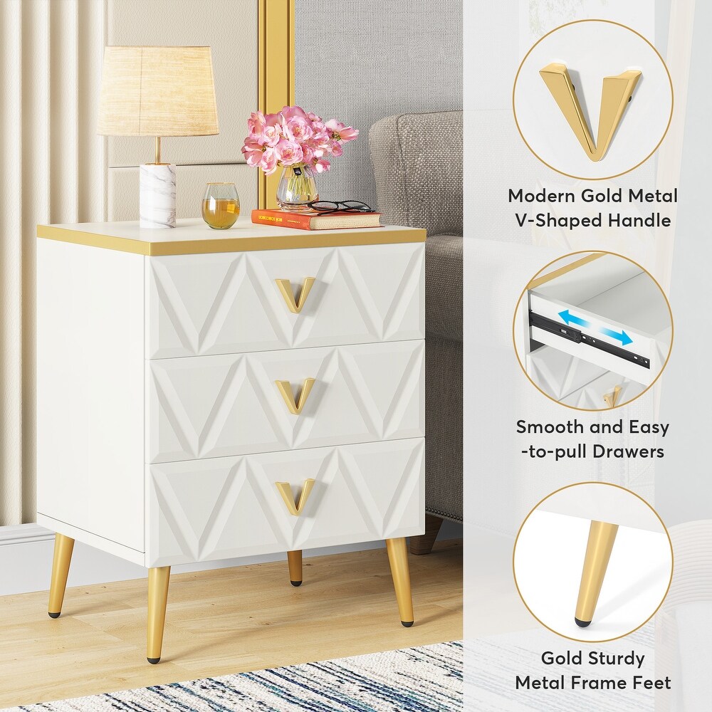 Modern 3 Drawer Nightstand  White Gold Sofa End Table Bedside Table with Storage