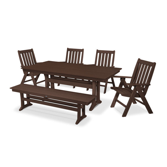 Polywood Vineyard 6-Piece Folding Chair Farmhouse Dining Set with Trestle Legs and Bench PWS422-1