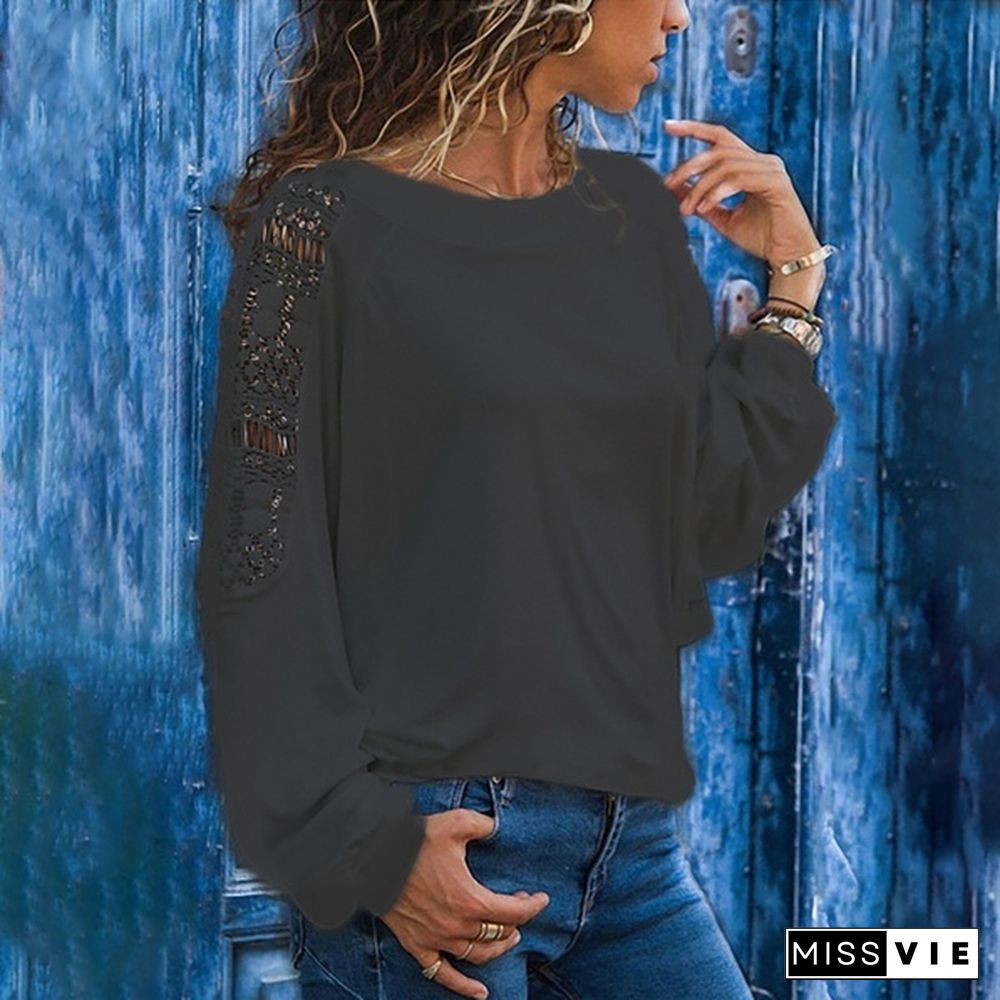 Autumn and Winter Fashion Women's Long Sleeve Plus Size Casual Tops Ladies Casual Solid Color Lace Stitching Hollow Out Loose Pullover T-shirts