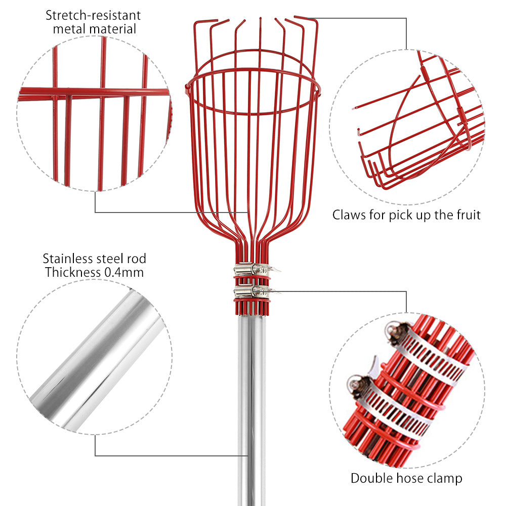 Harupink Fruit Picker, Pole with Basket Apple Orange Picker Tool Gardening Picks with Lightweight Stainless Steel Connecting Pole