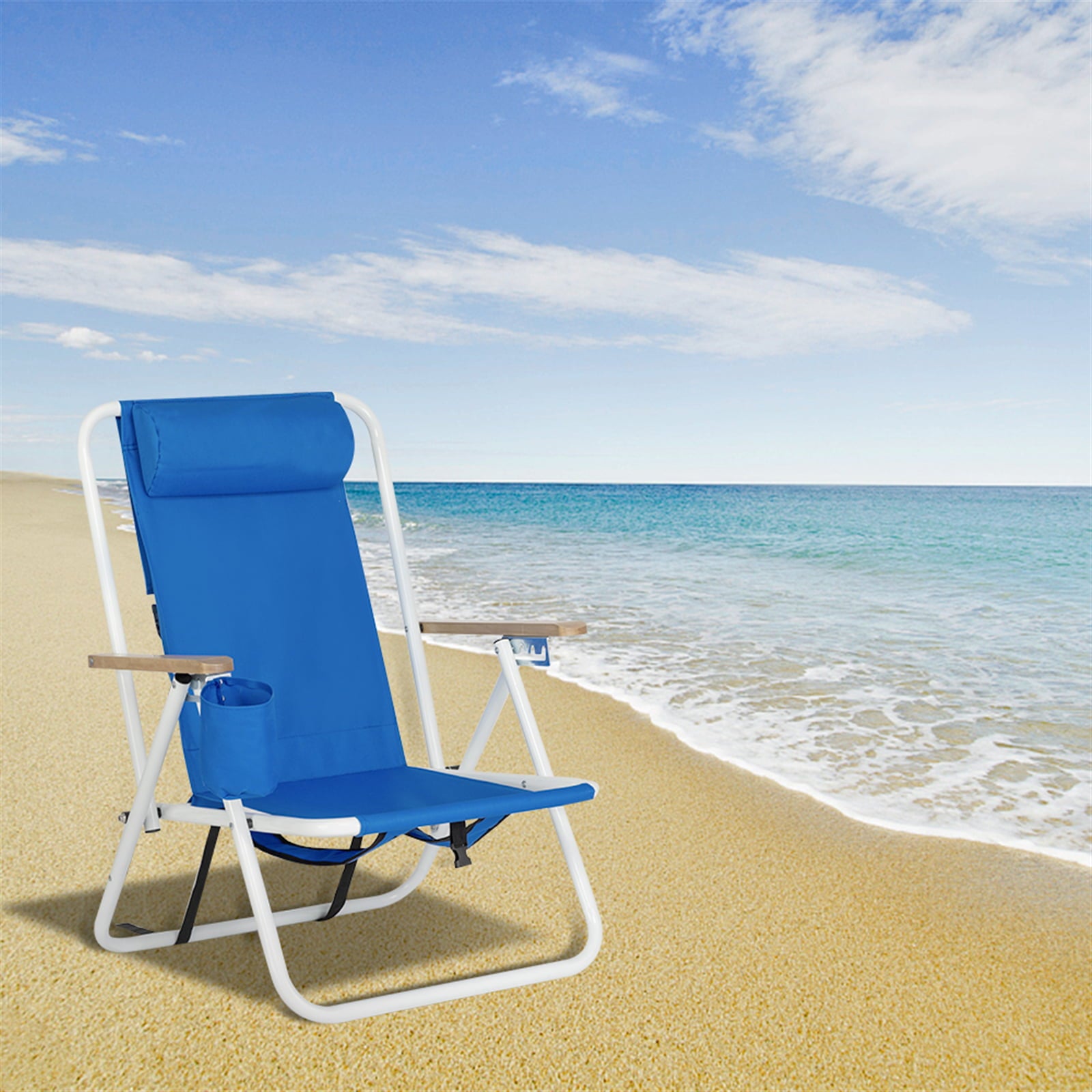 Portable High Strength Beach Chair，Patio Folding Lightweight Camping Chair， Outdoor Garden Park Pool Side Lounge Chair， with Cup Holder， Adjustable Headrest，Blue