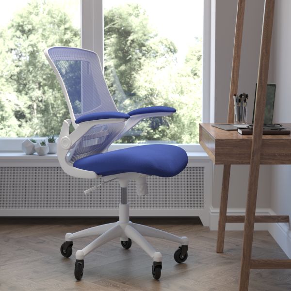 Kelista Mid-Back Blue Mesh Swivel Ergonomic Task Office Chair with White Frame， Flip-Up Arms， and Transparent Roller Wheels