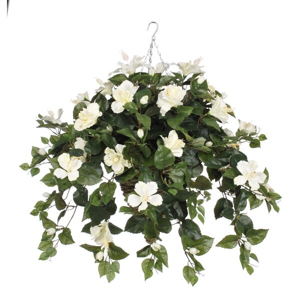 Faux Cream Hibiscus Hanging Basket