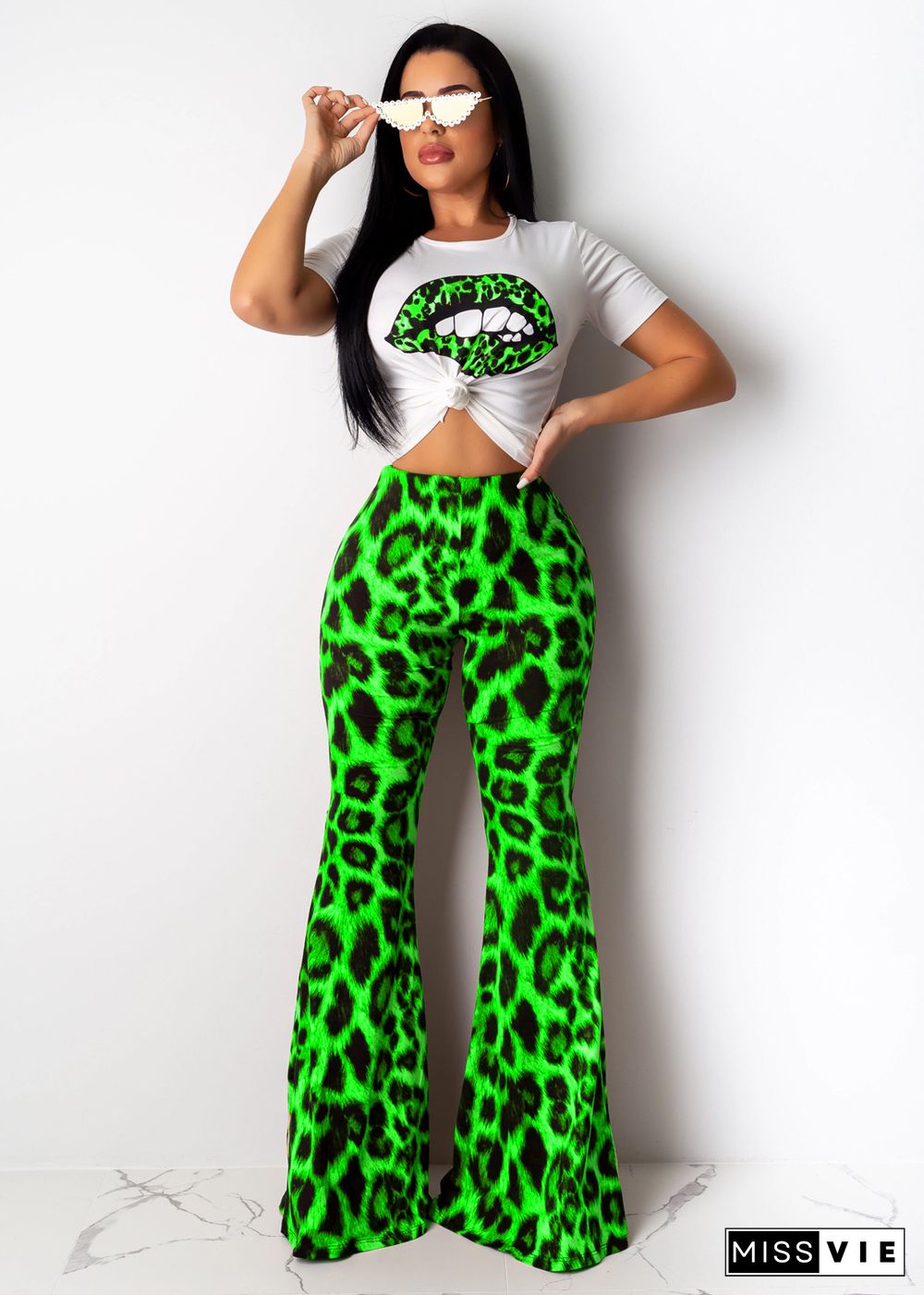 Women Casual Lip Print O-Neck Short Sleeve T-shirts High Waist Leopard Flared Long Pants 2 Piece Set