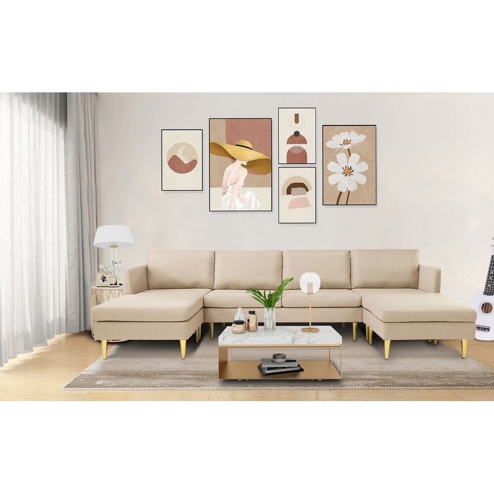 Modern and Contemporary Polyester Convertible Sectional Sofa with Golden Metal Legs