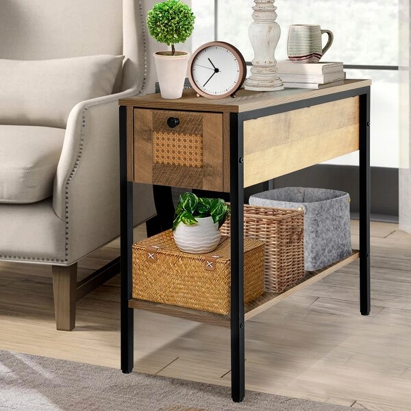 Narrow End Table with Drawer and Shelf - 2 Tier Sofa Side Table