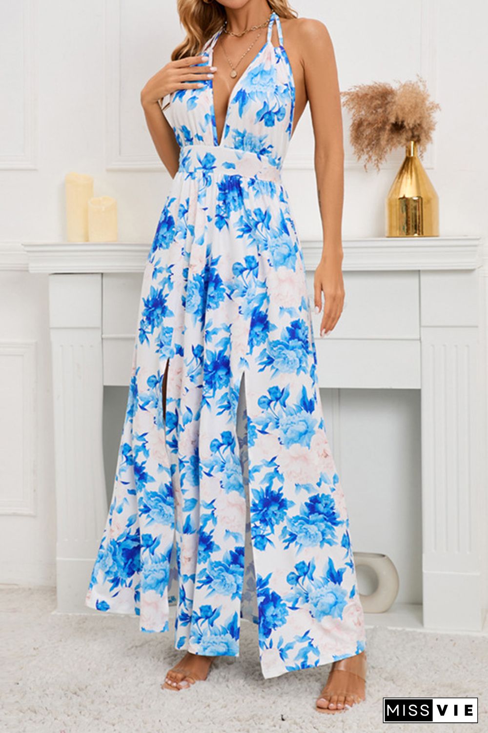 V Neck Halter Backless High Split Floral Maxi Dress