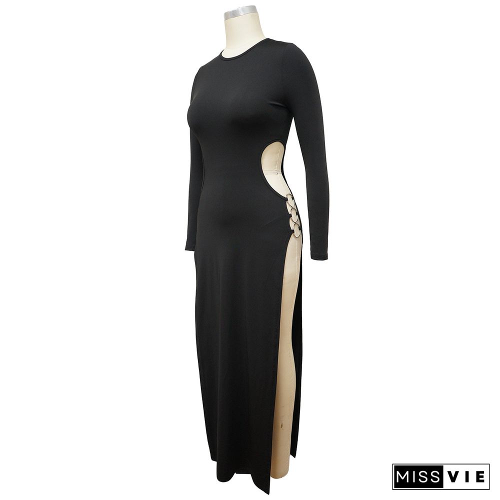 Long Sleeve O Neck Hollow Out Side Slit Dress