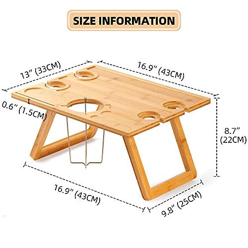 Portable Bamboo Wine Picnic Table， Foldable Outdoor Picnic Table， Snack Table， Date Idea Table， Wine Picnic Table with Bottle and Glass Holder， Lightweight Portable Picnic Table， Bed Breakfast Table