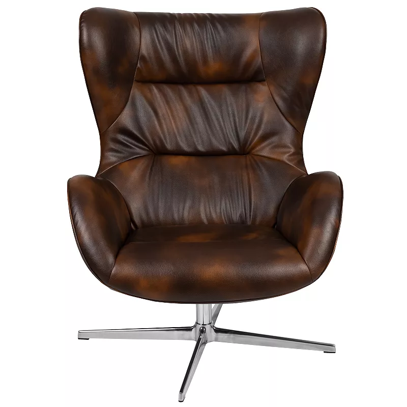 Merrick Lane Olwen Ergonomic High-Back Lounge Chair 360▲ Swivel Accent Chair Bomber Jacket Faux Leather Side Chair with 4 Star Alloy Base