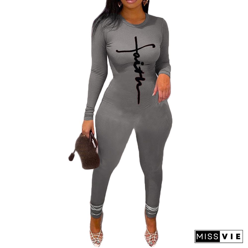 Long Sleeve Round Neck Printed Jumpsuit