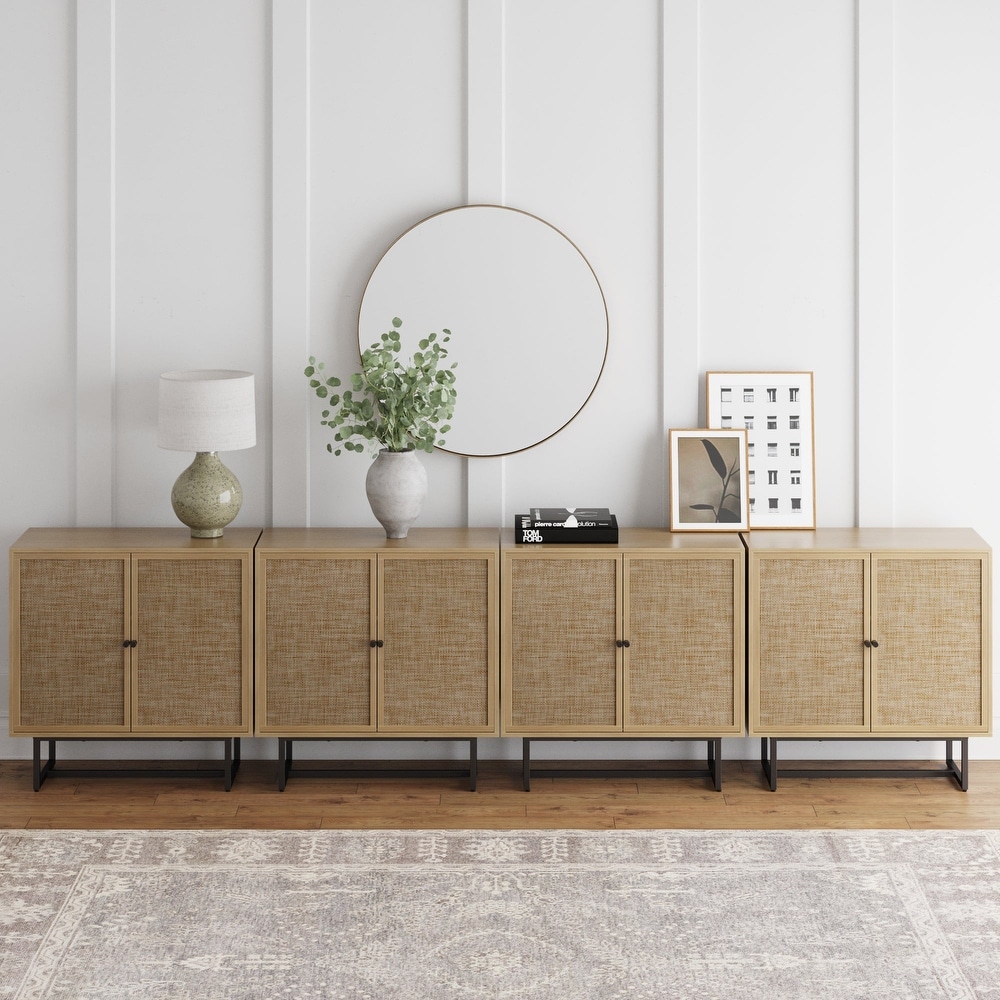 Nathan James Kova Natural Cane Rattan Doors Accent Cabinet with Metal Base and Adjustable Shelf