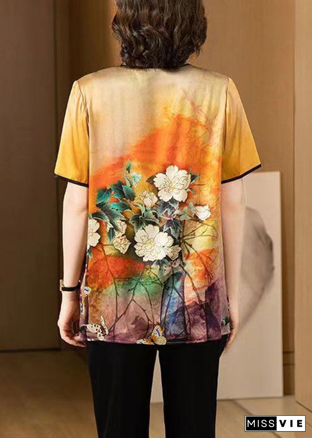 Loose Orange O Neck Print Patchwork Silk T Shirt Summer