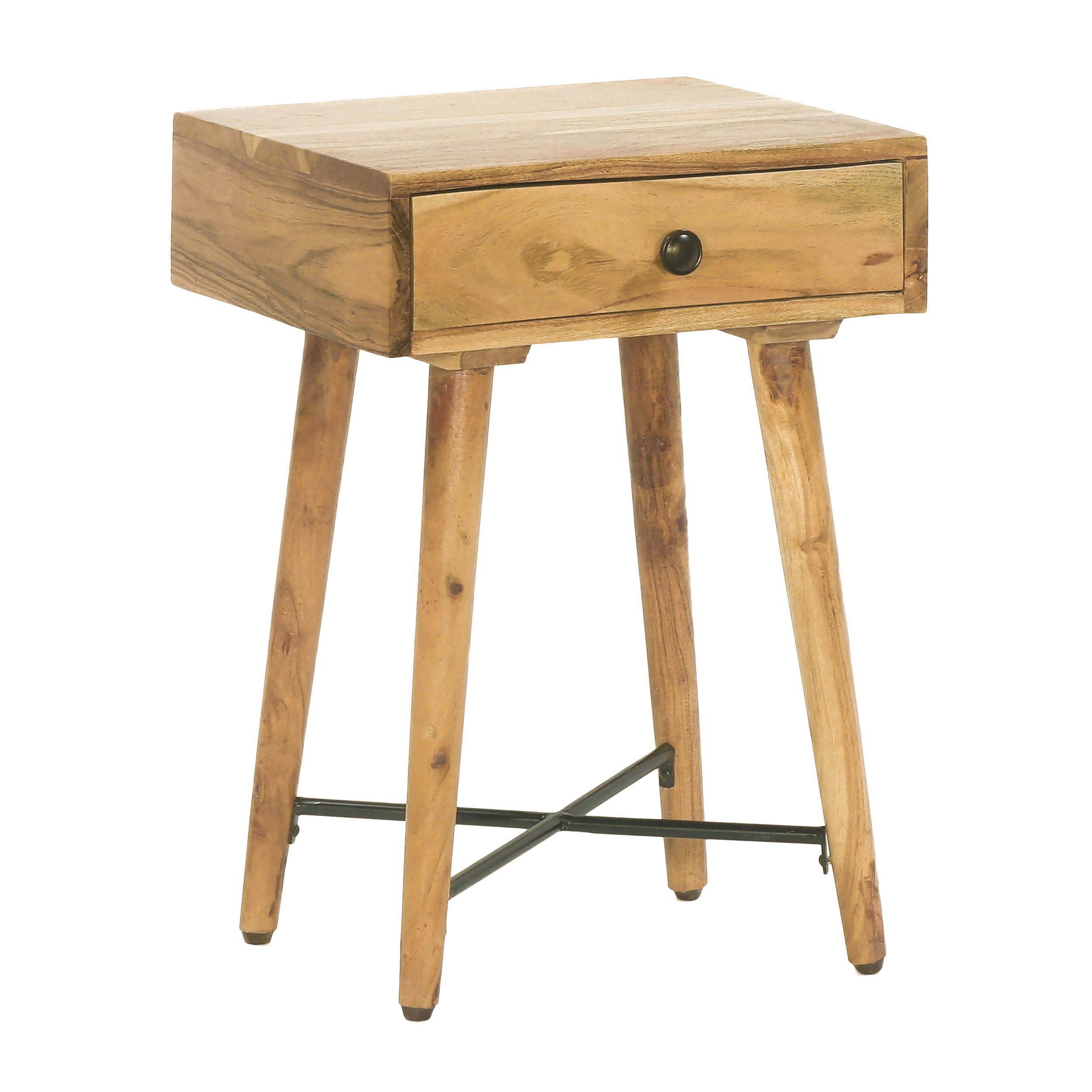 Ovando Mid-Century Modern Handcrafted Acacia Wood Side Table with Drawer, Natural