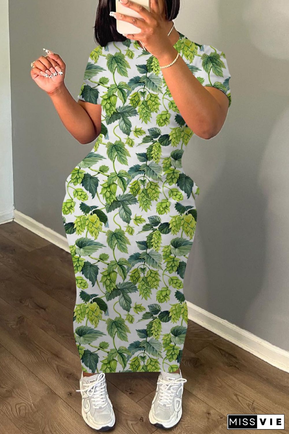 Green Casual Print Basic O Neck Long Dress Dresses