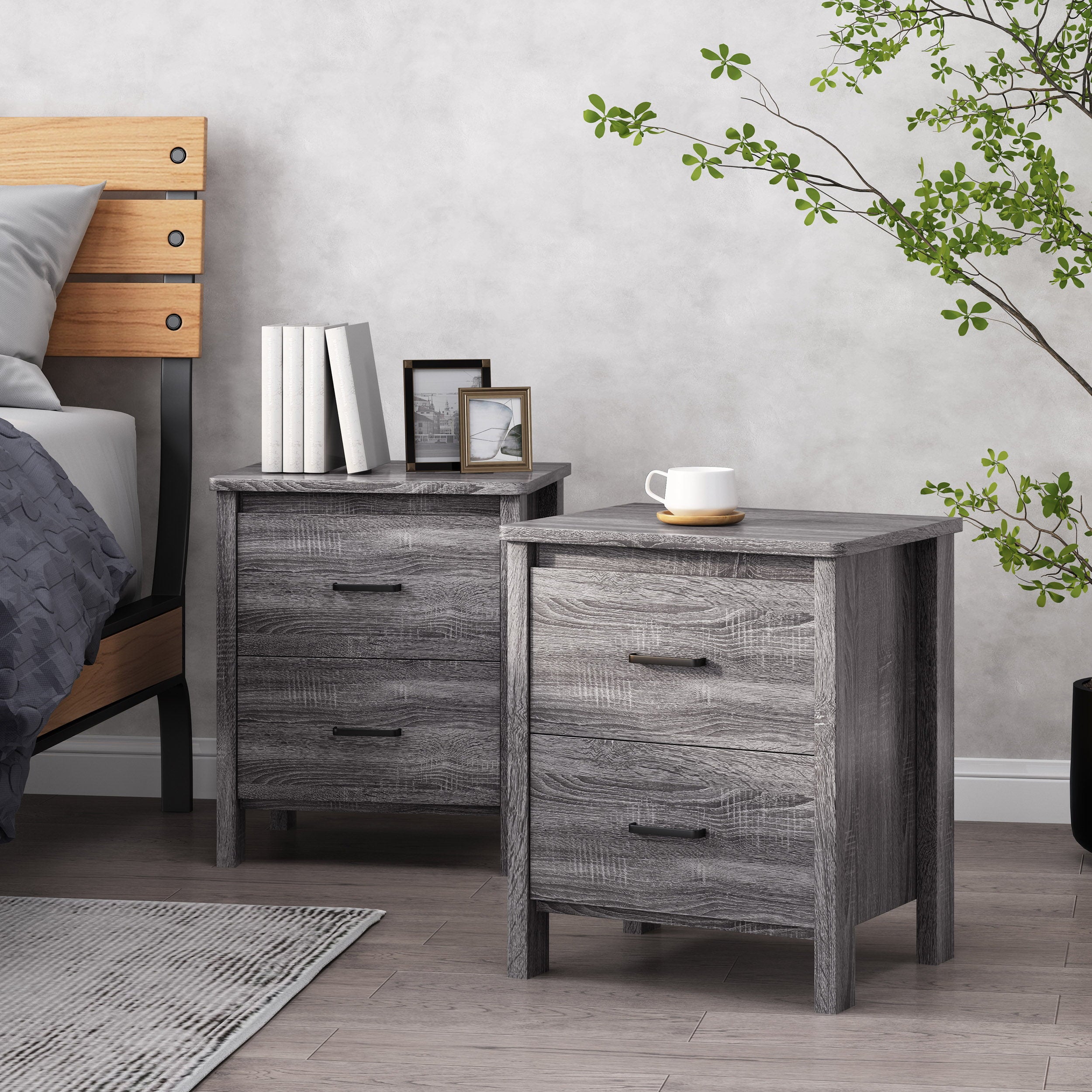 Titeca Contemporary 2 Drawer Nightstands, Set of 2, Sonoma Gray Oak