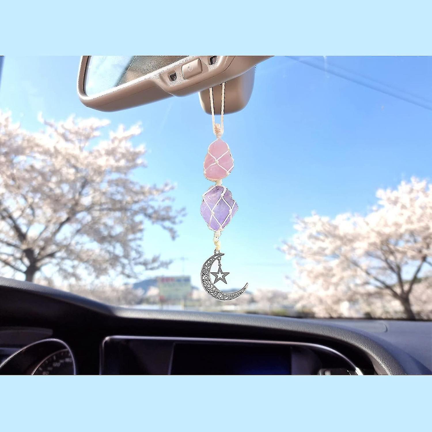 Crystal Car Hanging Ornament， Hanging Car Charm - Rose Quartz， Amethyst - Dangling Moon， Healing Cry