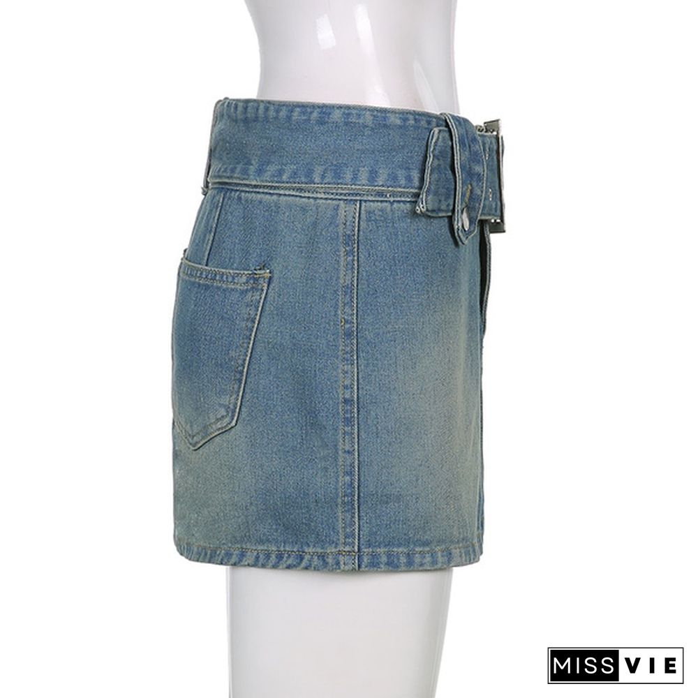 Women'S Jeans Skirt Y2K Belt Mini Denim Skirt Korean Low Waist Straight Short Skirt Summer Harajuku Sexy Vintage