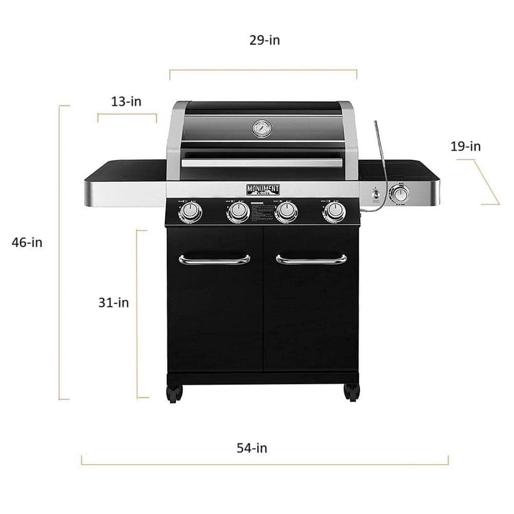 Monument Grills 4-Burner Propane Gas Grill in Black with ClearView Lid, LED Controls, Side Burner and USB Light 42538B