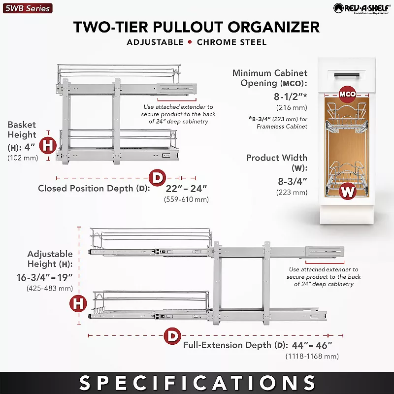 Rev-A-Shelf Kitchen Cabinet Pull Out Shelf Organizer， 9 x 22 In， 5WB2-0922CR-1