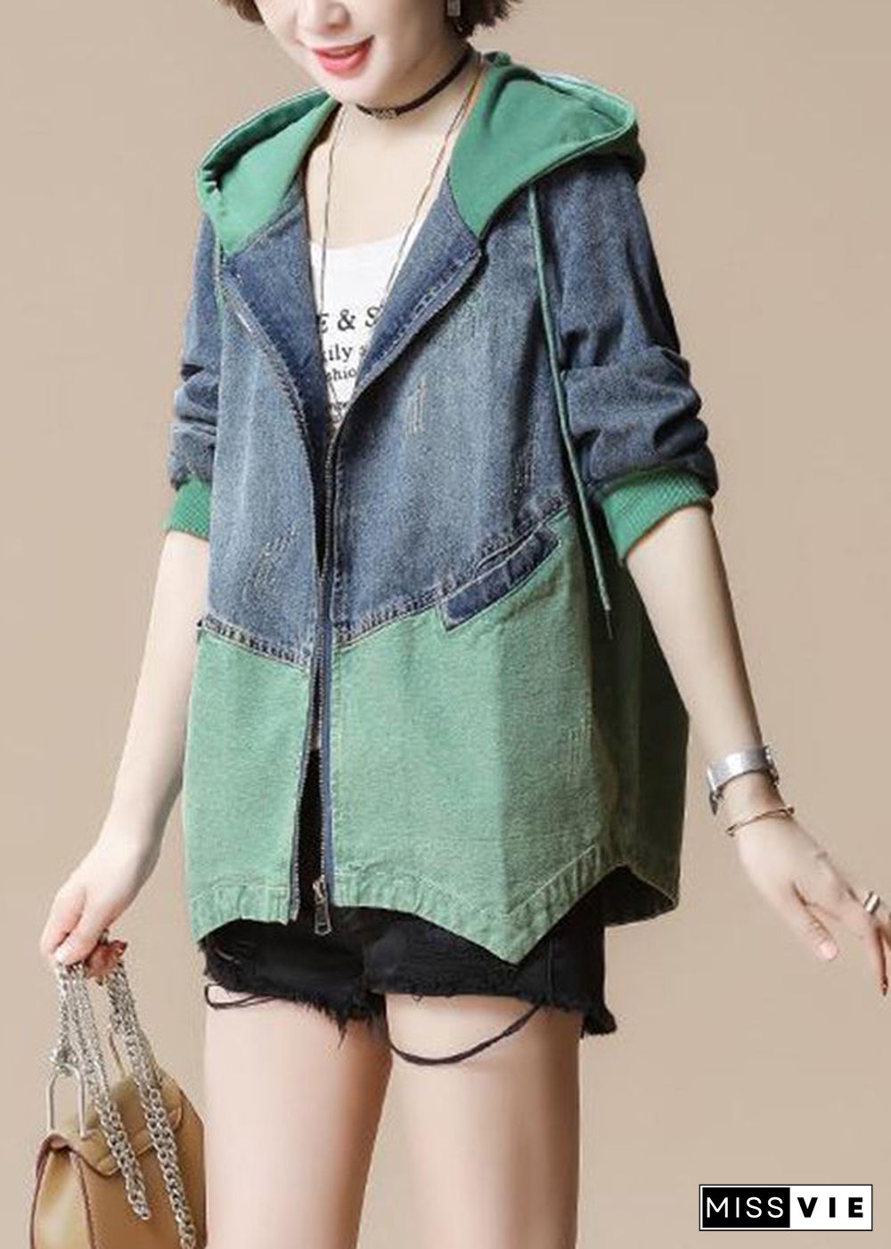 Green Drawstring Pockets Hoodie Denim Coat Long Sleeve