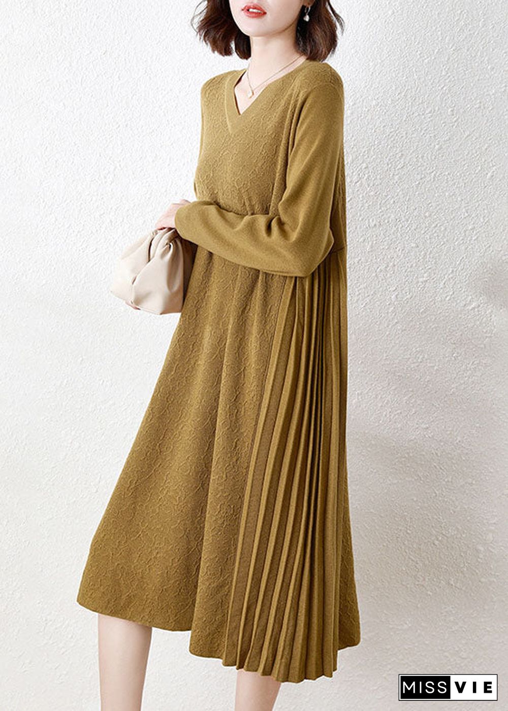 Vintage Yellow V Neck Patchwork Wrinkled Woolen Long Knit Dress Long Sleeve