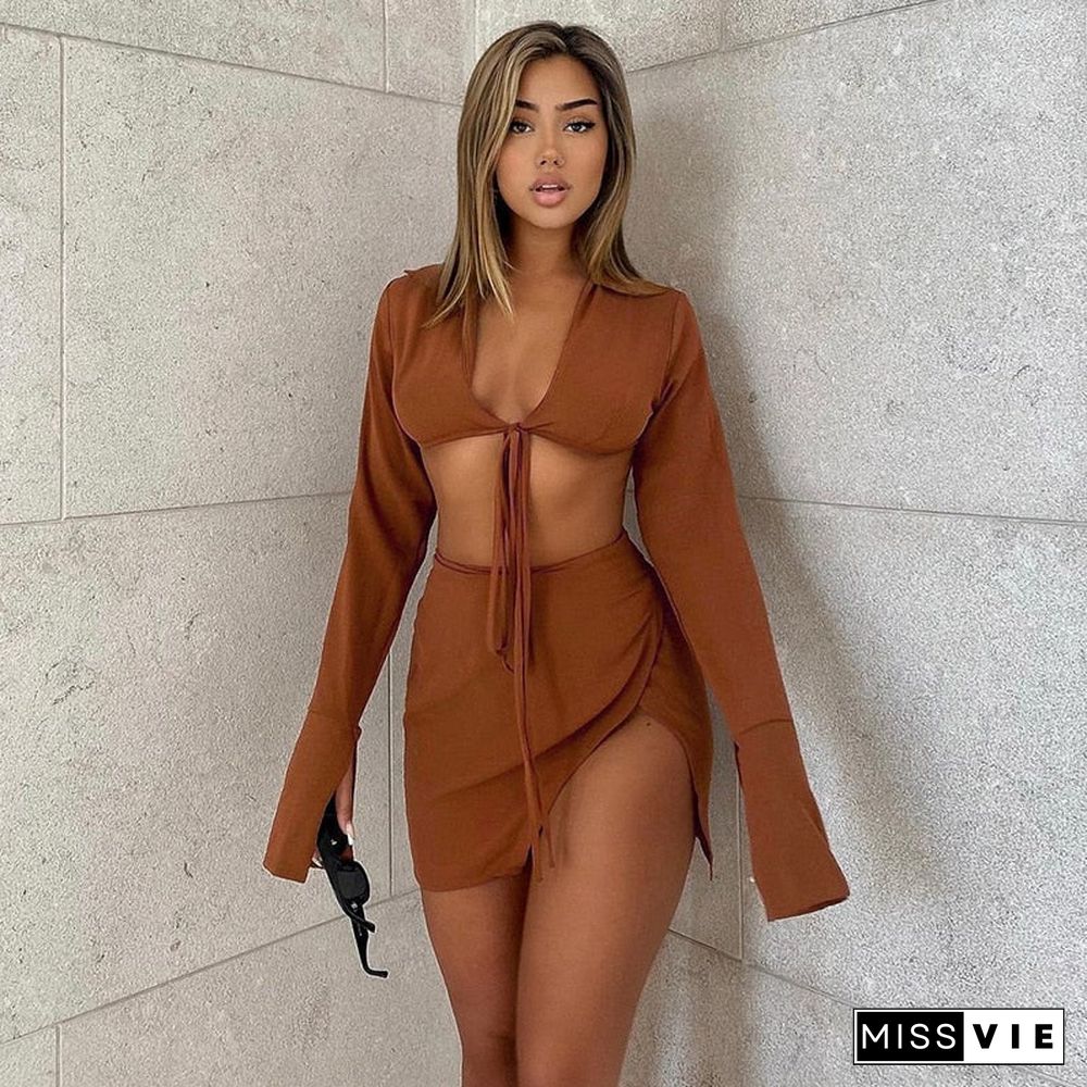 Brown Sexy Tie Front Top And Skirt Sets Women Fashion Outfits Fall Matching Set Split Skirt Club Party Clothes