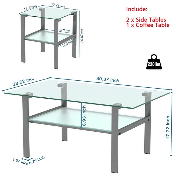 Glass Coffee Table and End Table Sets of 3 for Living Room， Clear Tempered Glass and Gray Metal Leg， - as picture