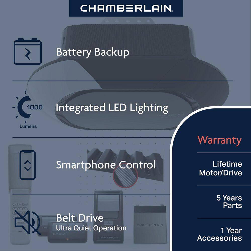 Chamberlain 34 HP LED Smart Quiet Belt Drive Garage Door Opener with Battery Backup B4613T