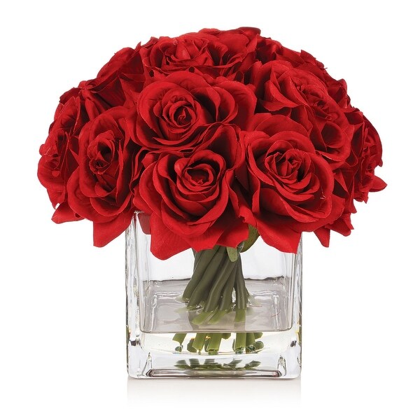 Enova Home Artificial Silk Rose Flowers in Cube Glass Vase with Faux Water for Home Office Decoration