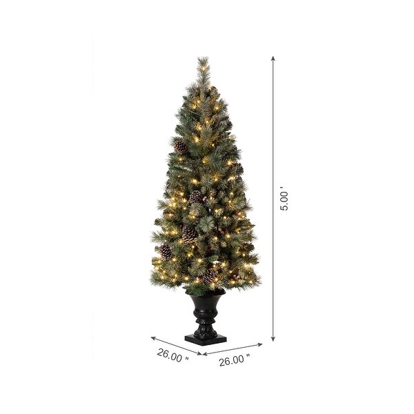 Glitzhome 4ft/5ft/6ft Flocked Pine Christmas Potted Porch Tree With Warm White Lights