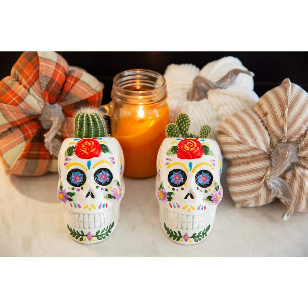 Flora Bunda 4 in. Day of the Dead Colorful Ceramic Skull Planters (Set of 2) CT1651E2