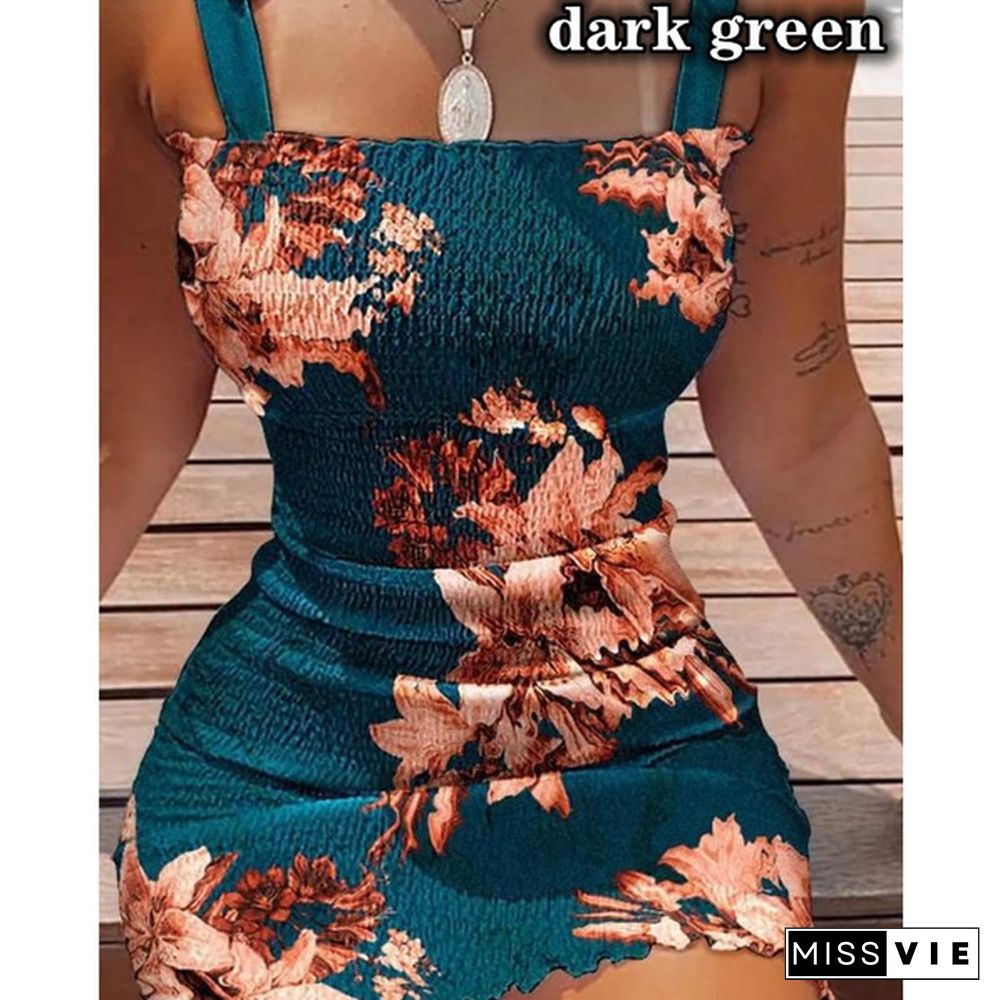 Plus Size Women Fashion Off Shoulder Sleeveless Smocked Bodycon Dress Women Strapless Mini Dresses Ladies Short Party Club Printing Dress