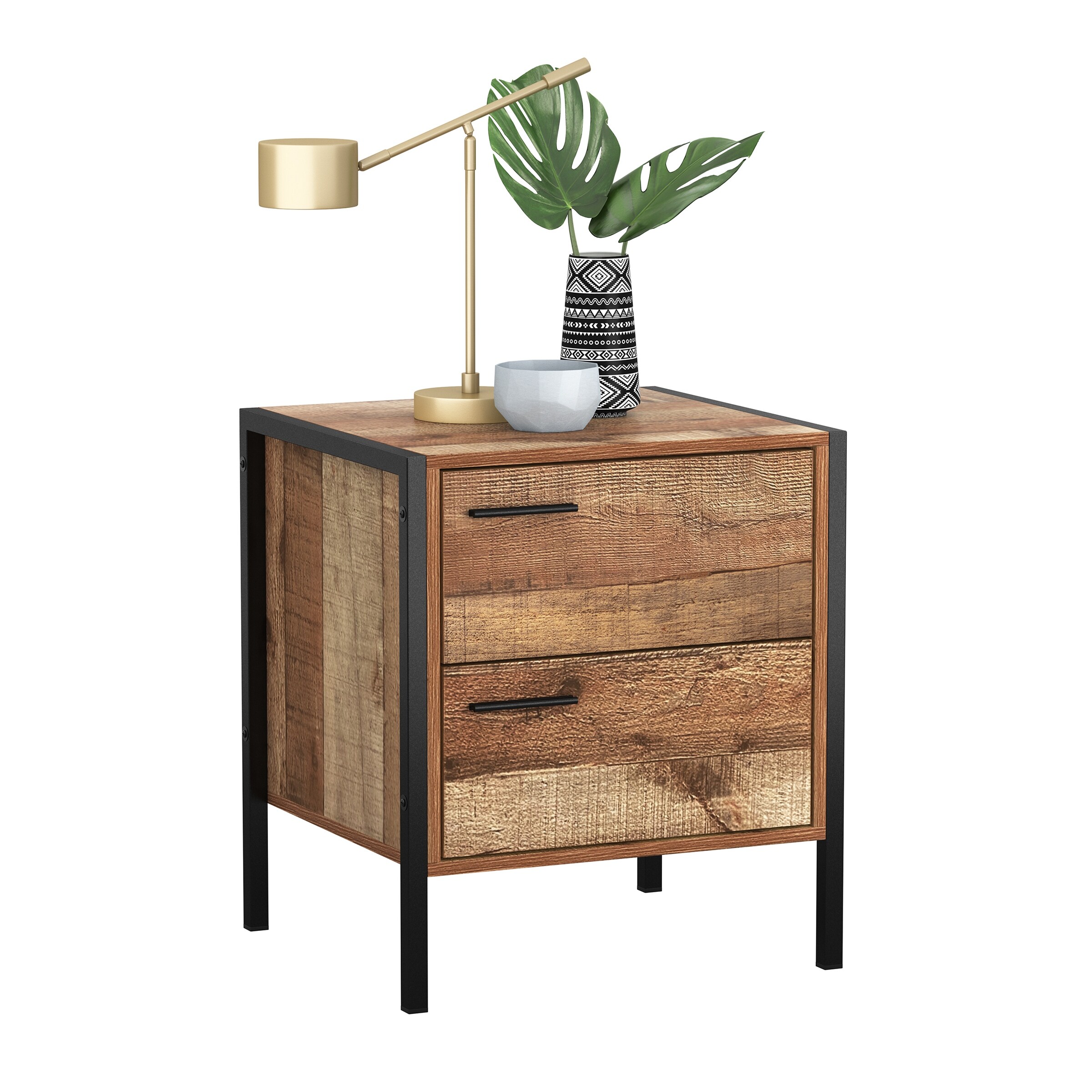 Industrial End Table with 2 Drawers and Metal Frame for Foyer， Den， Bedroom， or Living Room， original Wood Texture