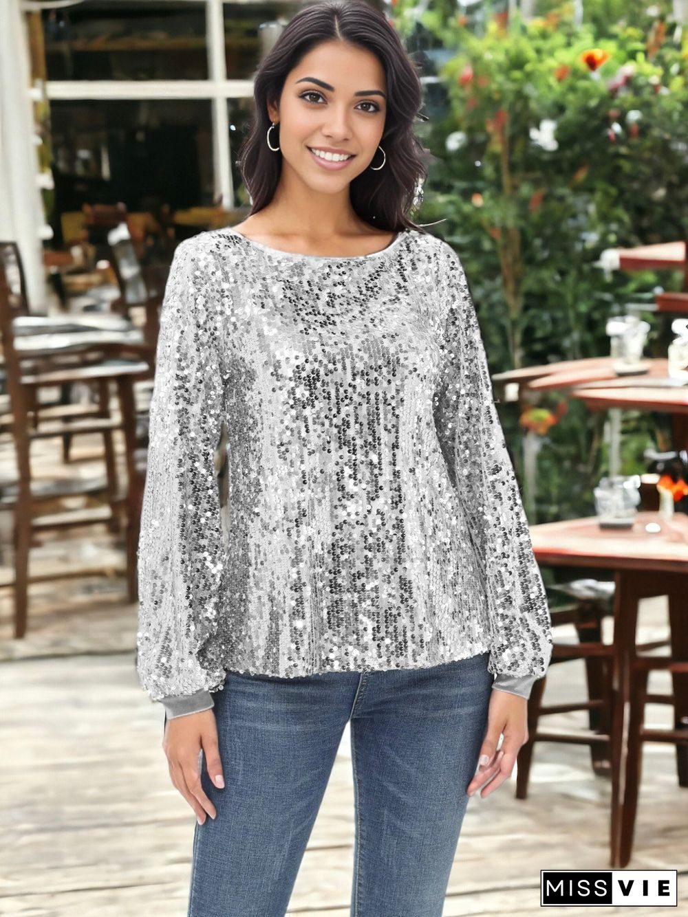 Sequin Party Tie Waist Sweatshirt Pullover Top