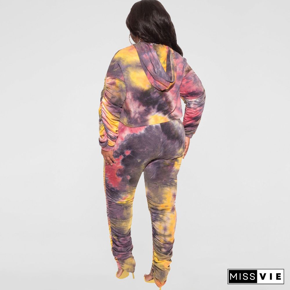 Plus Size Tie Dye Hooded Top Pleated Pants Set