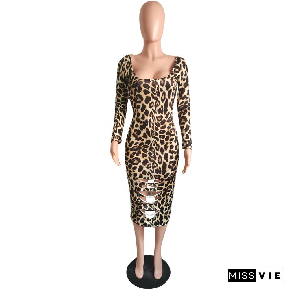 Leopard Print Cut Out U-neck Long Sleeve Dress