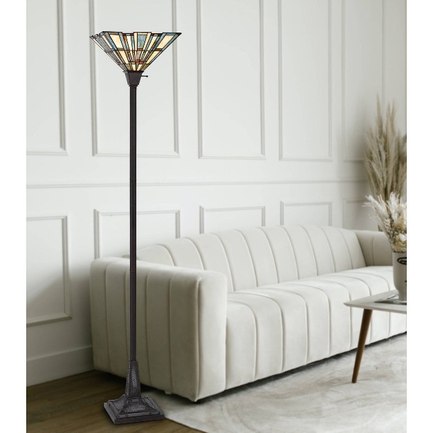 Metal resin Torchiere Floor Lamp With  Stained Glass Shade Dark Bronze Cal Lighting