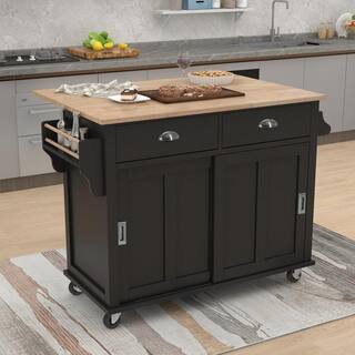 Black Rubberwood Drop-Leaf Countertop 52.2 in. Kitchen Island Cart Sliding Barn Door with Storage and 2-Drawer EC-KIBW-743