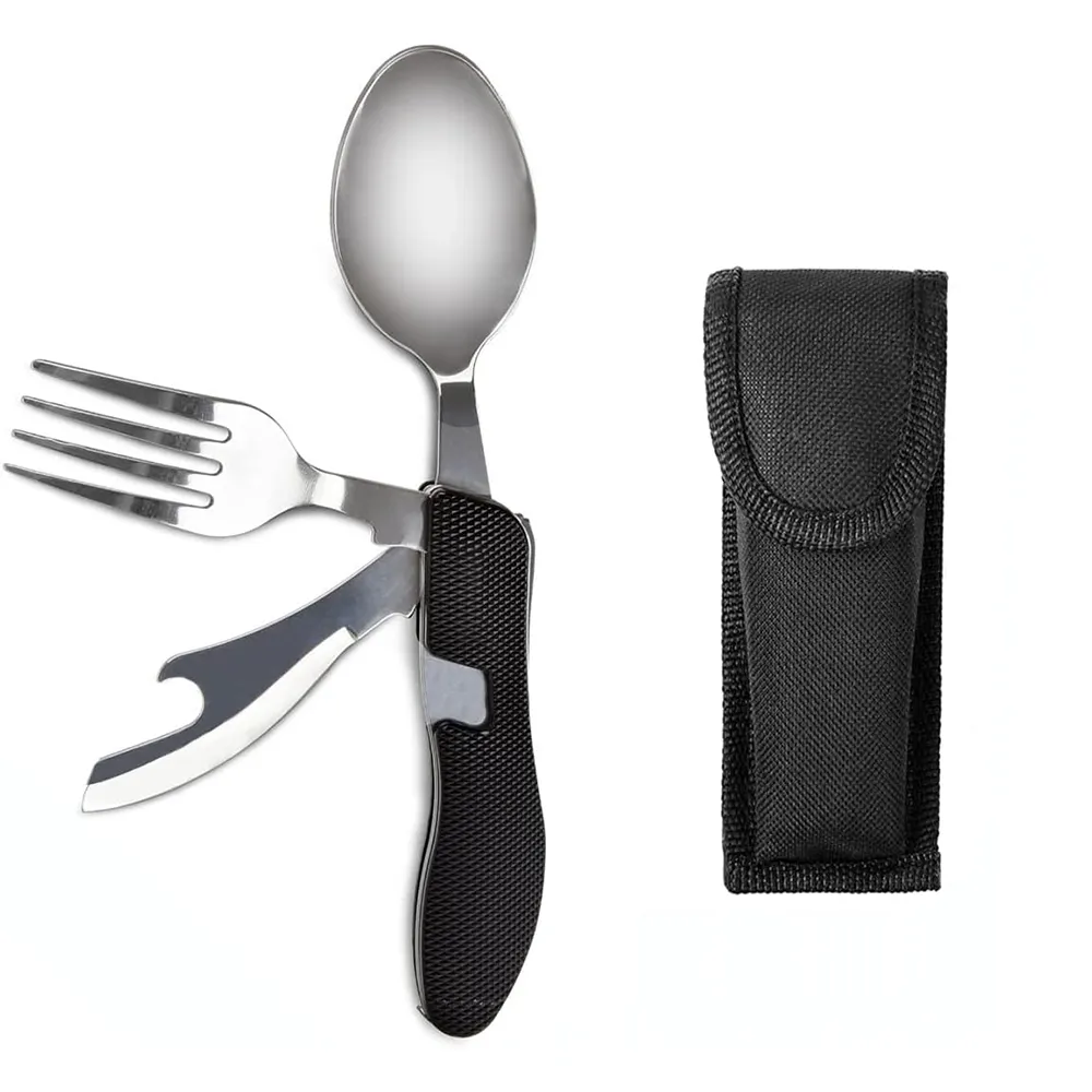 4 in 1 Foldable Stainless Steel Fork Spoon Knife and Bottle Opener Combination Kits Camping Utensil Cutlery Set