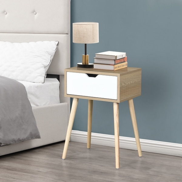 Side Table with 1 Drawer and Rubber Wood Legs， Mid-Century Modern Storage Cabinet for Bedroom Living Room