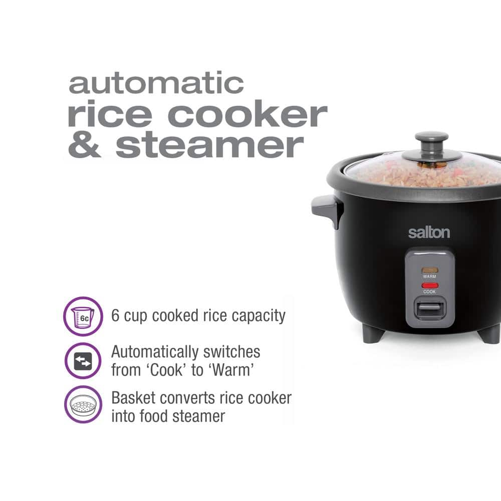 Salton 6-Cup Black Automatic Rice Cooker and Steamer with Non-Stick Bowl RC1653