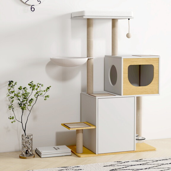 Wood Cat Tree Tower  Cat Furniture with Scratching...