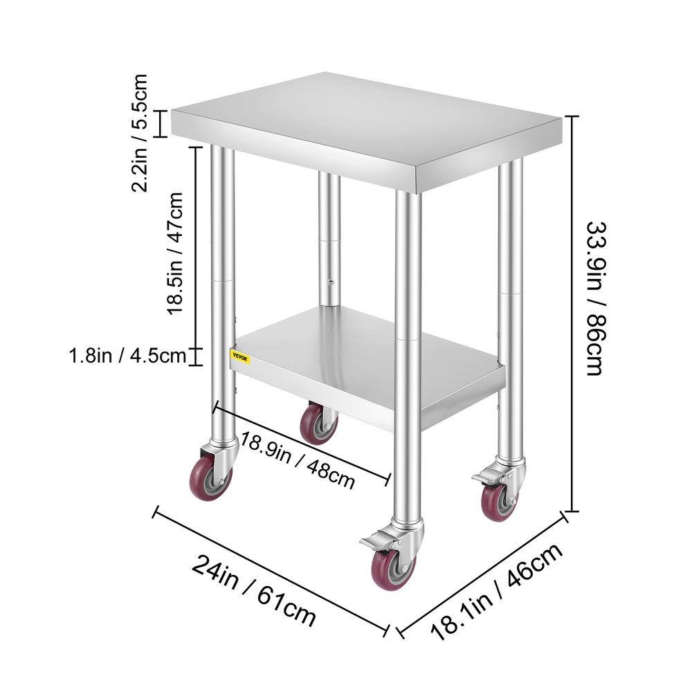 VEVOR Kitchen Prep Table 24 x 18.1 x 33.9 in. Stainless Steel Rolling Table with Wheels and Brake Kitchen Utility TableSilver CFGZT24X18X34YC01V0