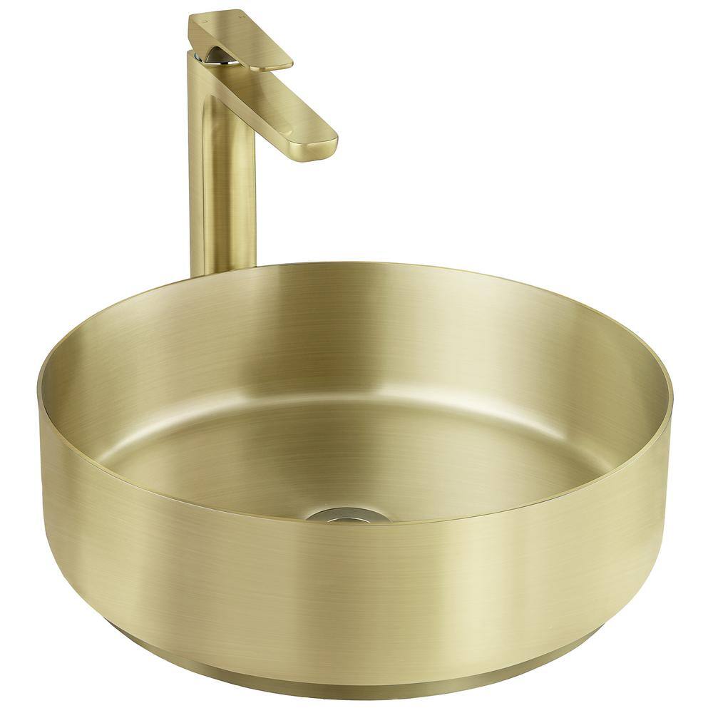 AKDY Gold Stainless Steel Round Bathroom Vessel Sink with High Arc Faucet BS001-3-3-4